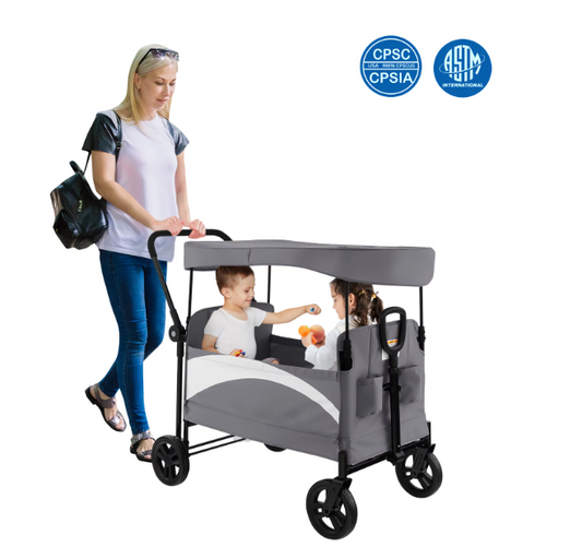 Infans 2-Seat Stroller Wagon Folding Baby Stroller w/ Adjustable Canopy & Handles Grey