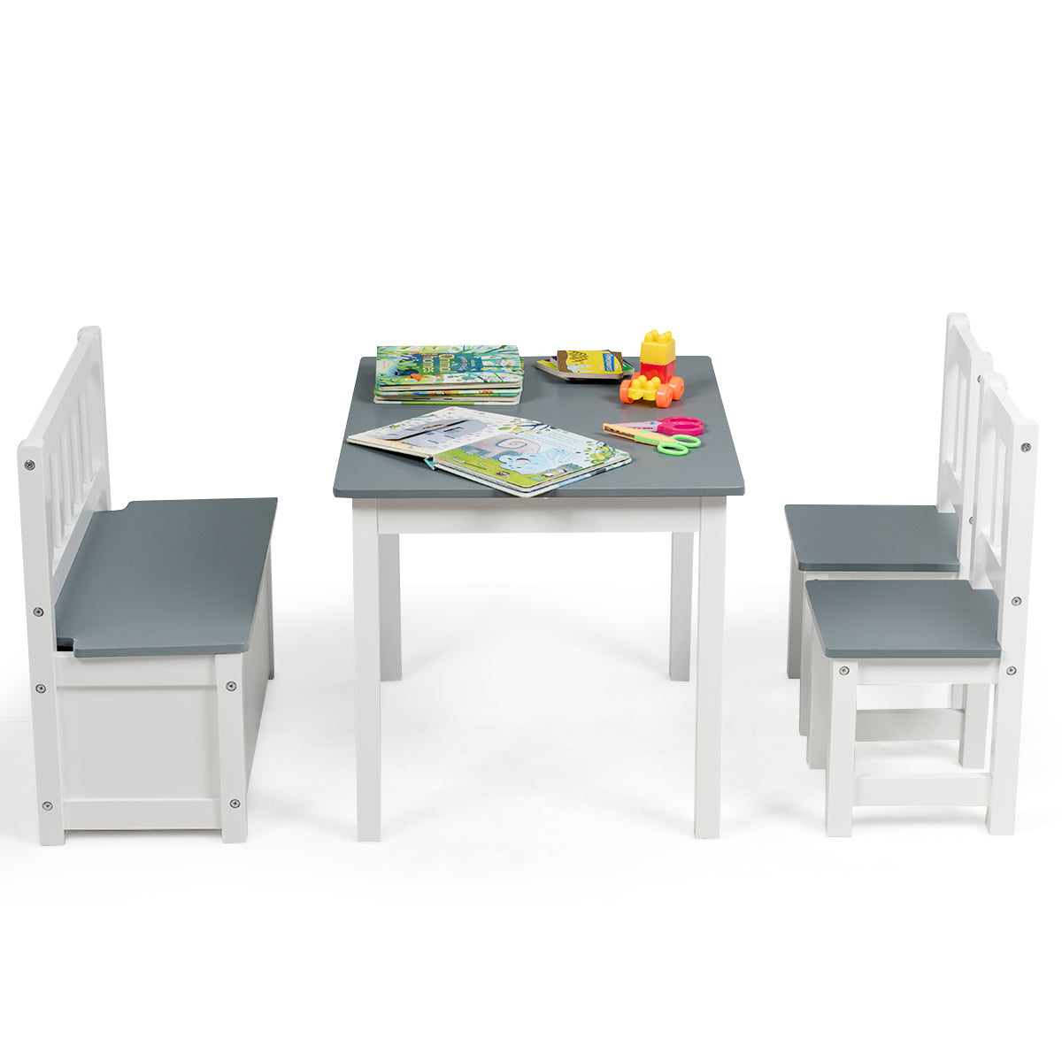 Infans  Kids Table and Chair Set, Wood Activity Table with Toy Storage Bench & 2 Chairs for Children Reading, Arts, Crafts, Snack Time, Homework, Playroom, Toddler Table and Chair Set (Grey)