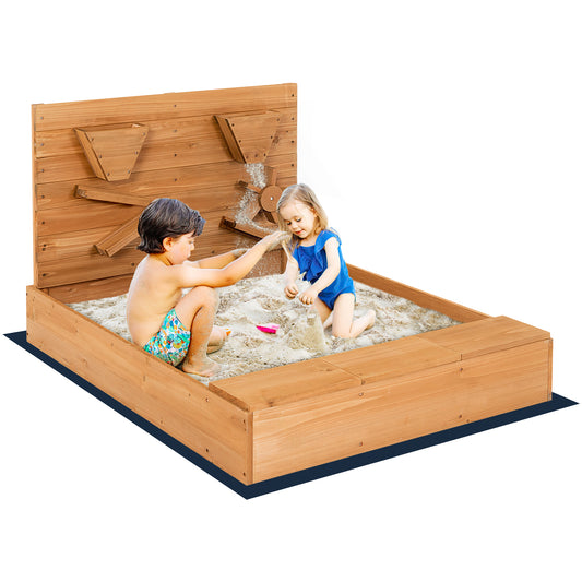 Infans Wooden Sandbox w/ Sand Wall & Cover & Bottom Liner for Kids Outdoor