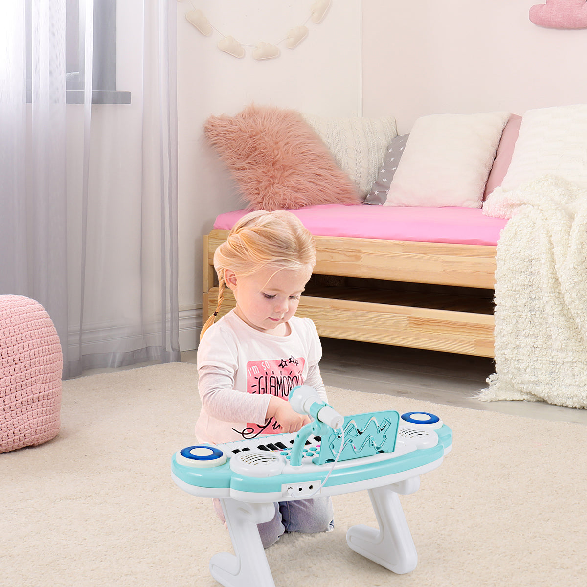 Infans Z-Shaped Kids Toy Keyboard Piano 37-Key Electronic Organ Light w/Microphone Blue