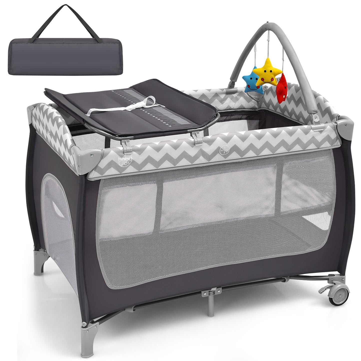 Infans 3 in 1 Baby Playard, Portable Infant Nursery Center w/Toy Bar, Folding Pack & Play w/Bassinet, Changing Table, Lockable Wheels, Mattress, Diaper Storage bag, Zippered Door, Carry Bag,Grey