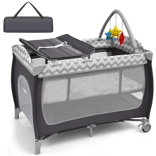 Infans 3 in 1 Baby Playard, Portable Infant Nursery Center w/Toy Bar, Folding Pack & Play w/Bassinet, Changing Table, Lockable Wheels, Mattress, Diaper Storage bag, Zippered Door, Carry Bag,Grey