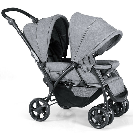 Infans Foldable Double Baby Stroller Lightweight Front & Back Seats Pushchair Gray