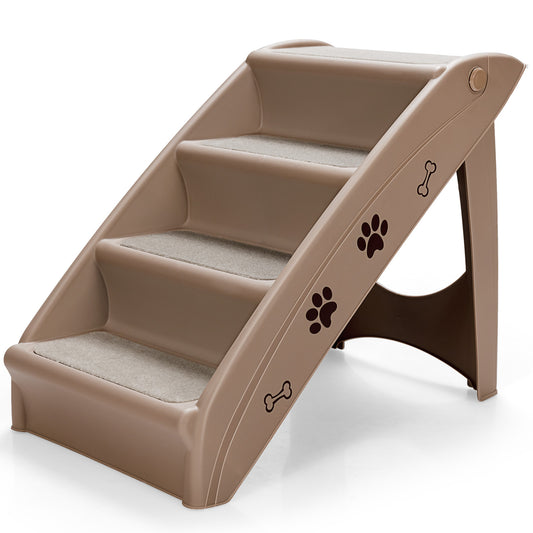 Infans Folding Plastic Pet Steps, 4 Steps Dog Stairs for High Beds, Indoor Outdoor Portable Dog Steps with Safe Side Rail & Non-Slip Pad, Foldable Pet Stairs Ramp Ladder for Dogs and Cats,Coffee